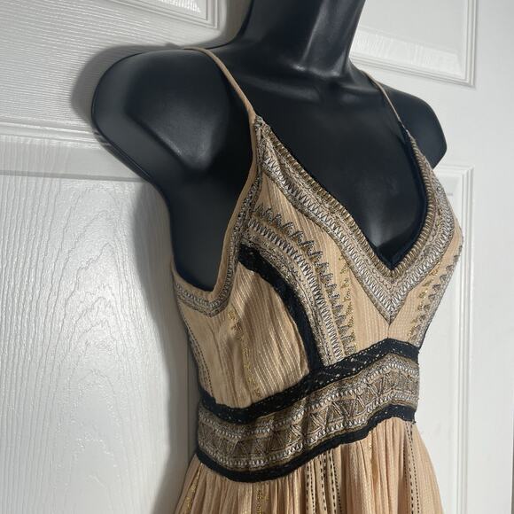 Anthropologie Dress Women 0 Tan Robin Embroidered Maxi Lace Boho Tiered V Neck - Picture 2 of 11